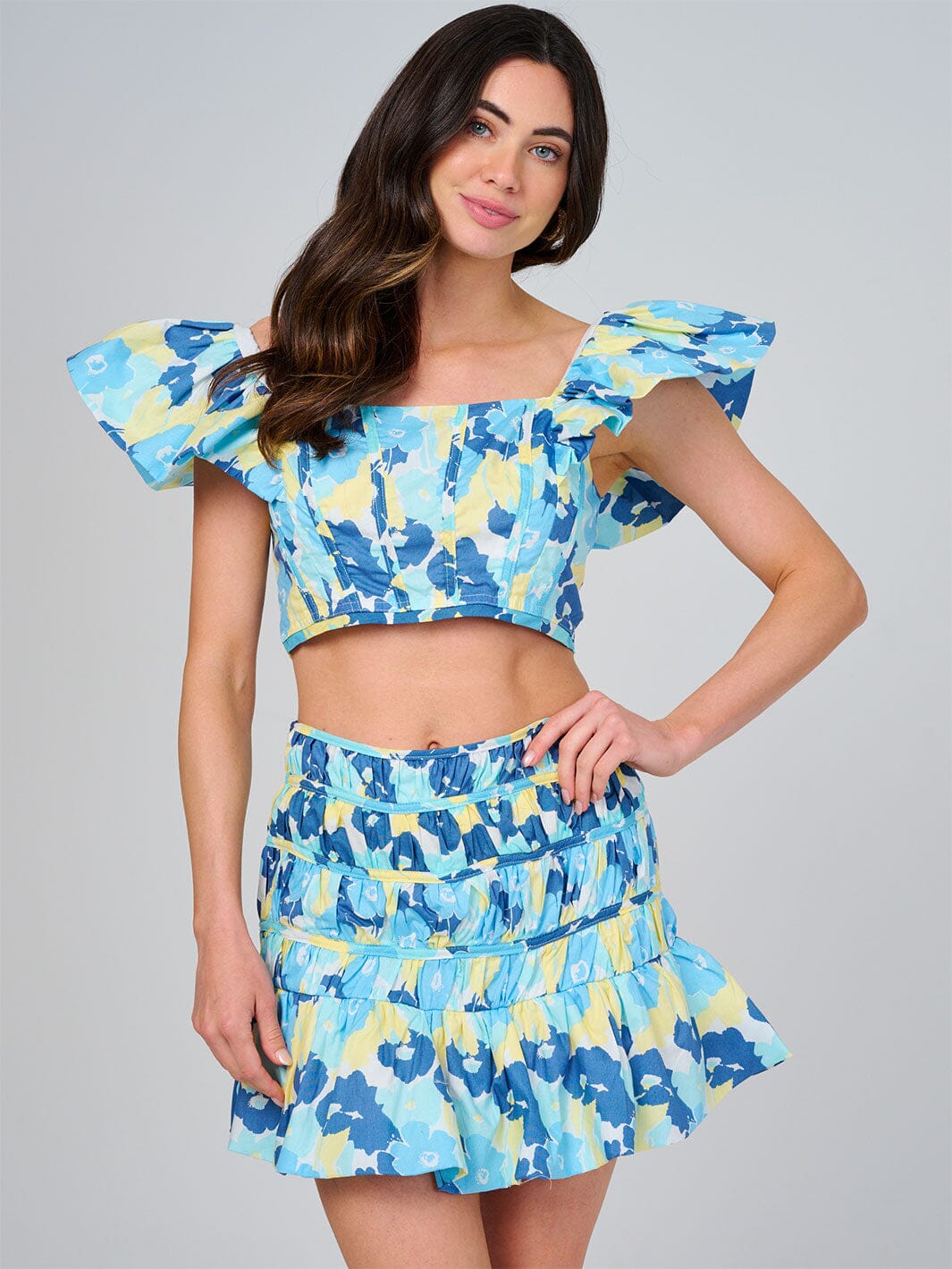 WOMEN'S RUFFLE SLEEVE CROP TOP & ELASTIC WAIST SKIRT SMOCK FLORAL 2PC. SET