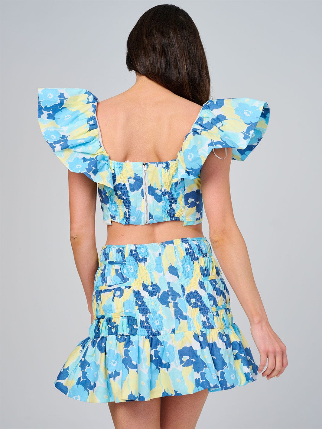 WOMEN'S RUFFLE SLEEVE CROP TOP & ELASTIC WAIST SKIRT SMOCK FLORAL 2PC. SET