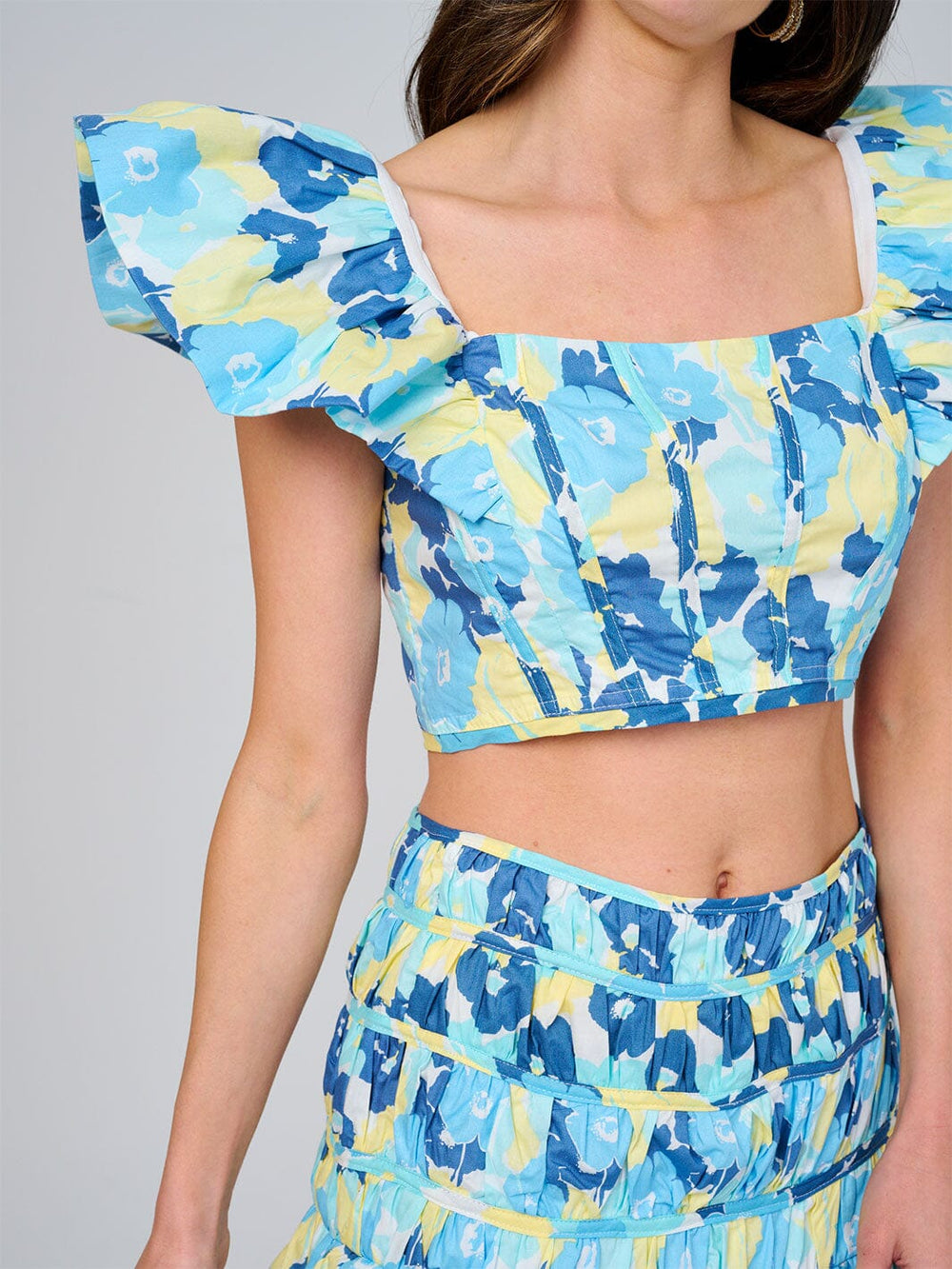 WOMEN'S RUFFLE SLEEVE CROP TOP & ELASTIC WAIST SKIRT SMOCK FLORAL 2PC. SET