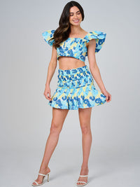 WOMEN'S RUFFLE SLEEVE CROP TOP & ELASTIC WAIST SKIRT SMOCK FLORAL 2PC. SET