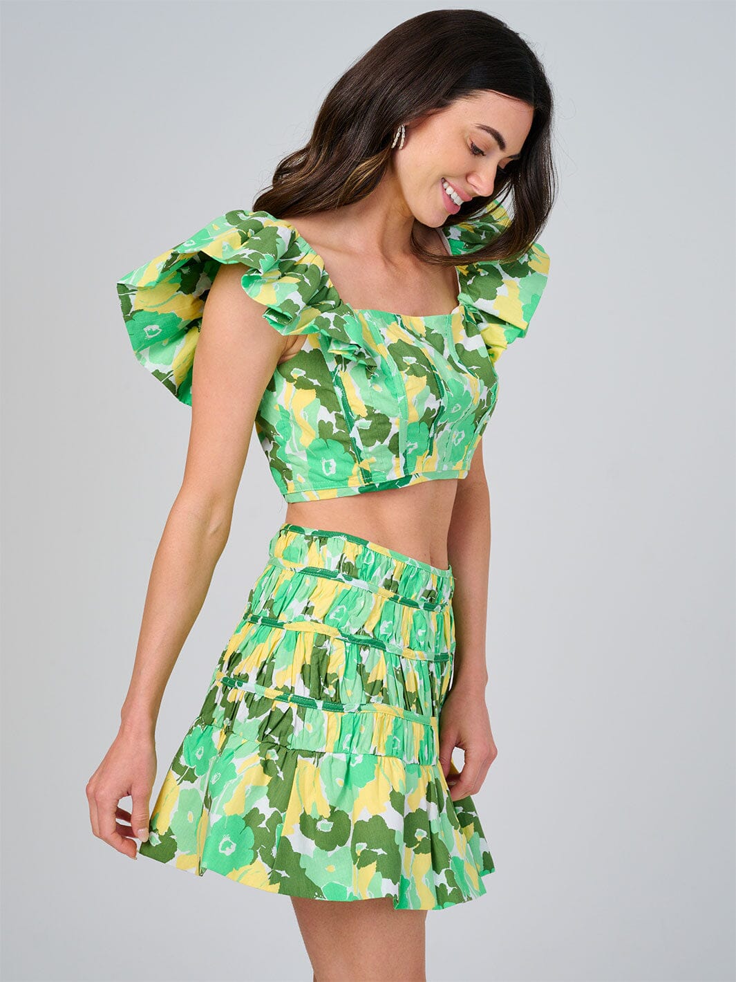 WOMEN'S RUFFLE SLEEVE CROP TOP & ELASTIC WAIST SKIRT SMOCK FLORAL 2PC. SET