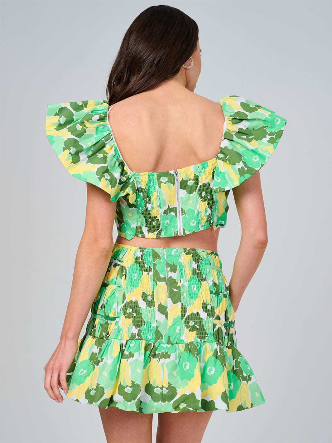 WOMEN'S RUFFLE SLEEVE CROP TOP & ELASTIC WAIST SKIRT SMOCK FLORAL 2PC. SET