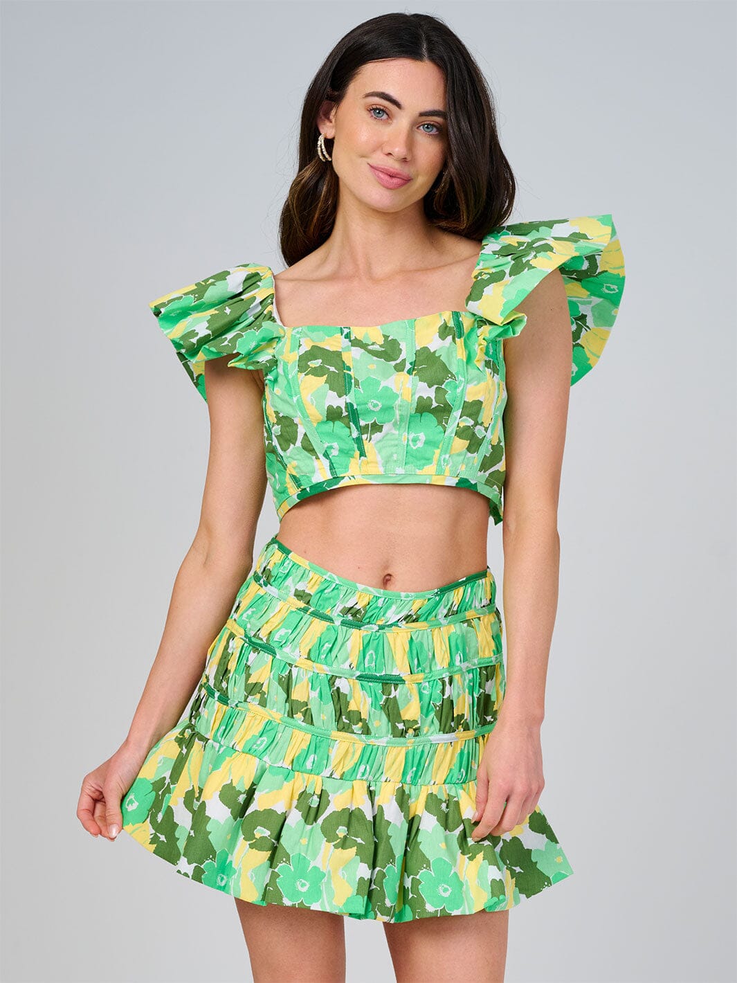 WOMEN'S RUFFLE SLEEVE CROP TOP & ELASTIC WAIST SKIRT SMOCK FLORAL 2PC. SET