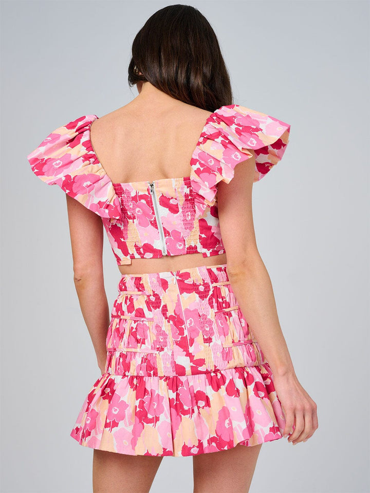 WOMEN'S RUFFLE SLEEVE CROP TOP & ELASTIC WAIST SKIRT SMOCK FLORAL 2PC. SET