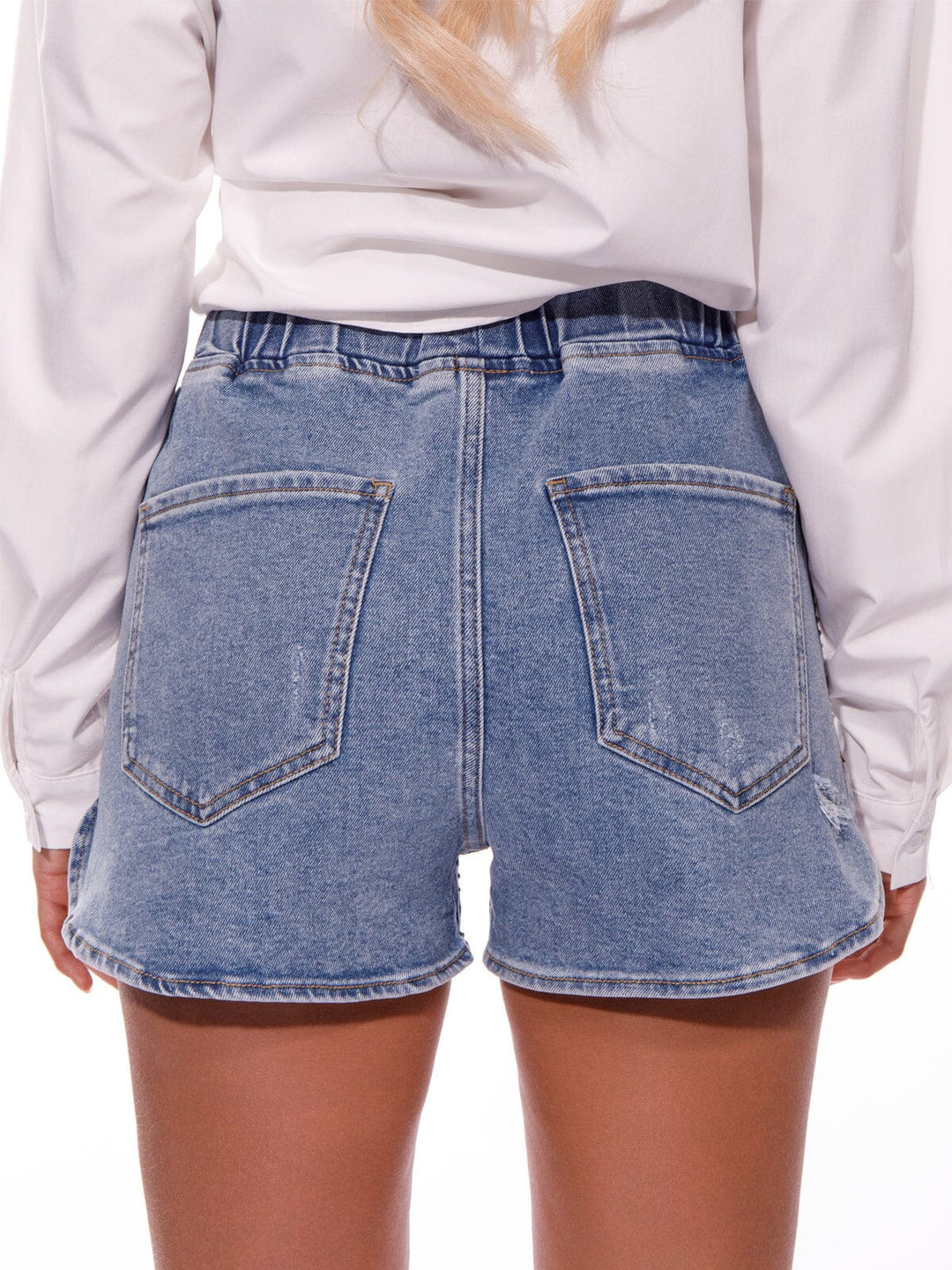 WOMEN'S ELASTIC WAIST POCKETS STUDS DETAILED DENIM SHORTS