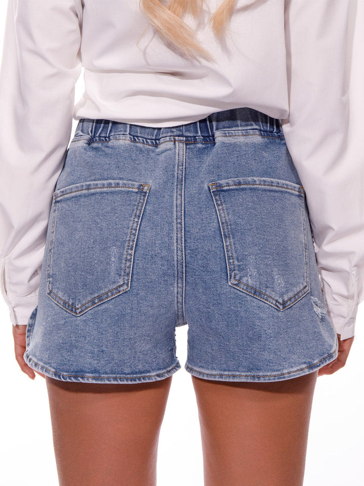 WOMEN'S ELASTIC WAIST POCKETS STUDS DETAILED DENIM SHORTS