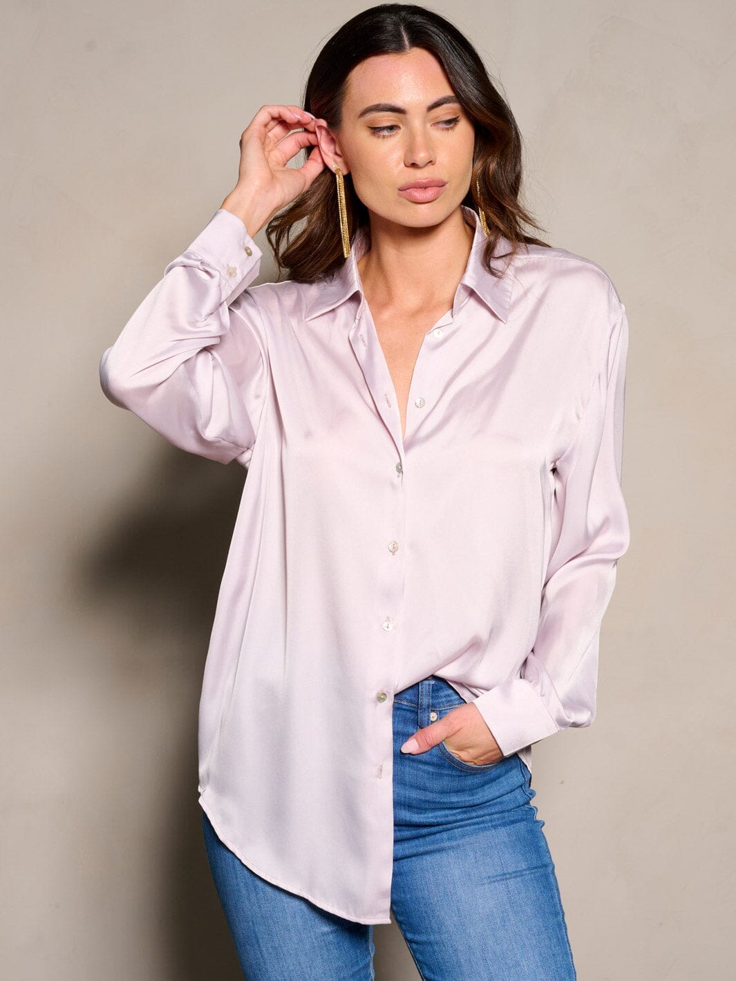 WOMEN'S LONG SLEEVE BUTTON CLOSURE SATIN BLOUSE TOP