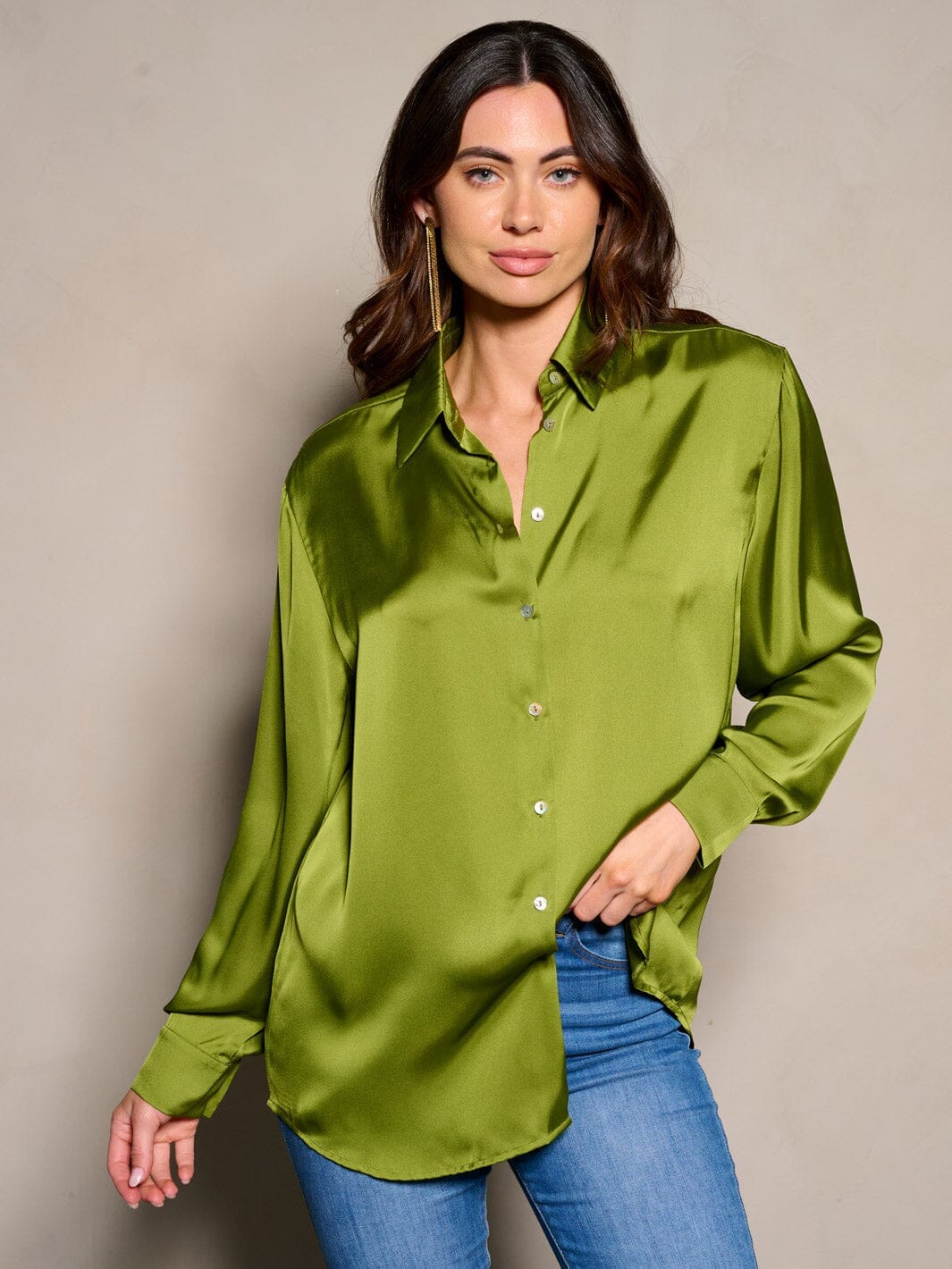 WOMEN'S LONG SLEEVE BUTTON CLOSURE SATIN BLOUSE TOP