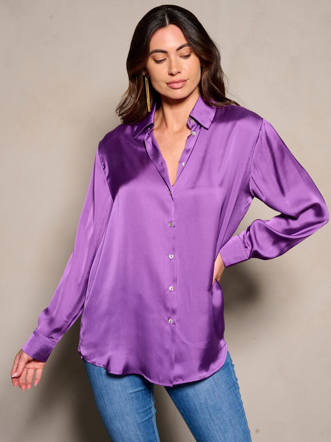 WOMEN'S LONG SLEEVE BUTTON CLOSURE SATIN BLOUSE TOP