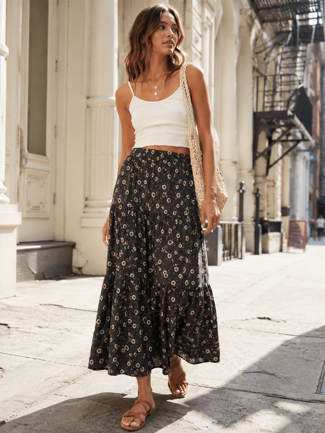 WOMEN'S ELASTIC WAIST TIERED FLORAL MAXI SKIRT