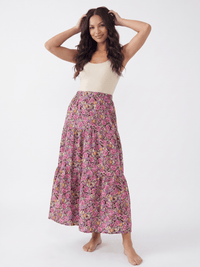 WOMEN'S ELASTIC WAIST TIERED FLORAL MAXI SKIRT