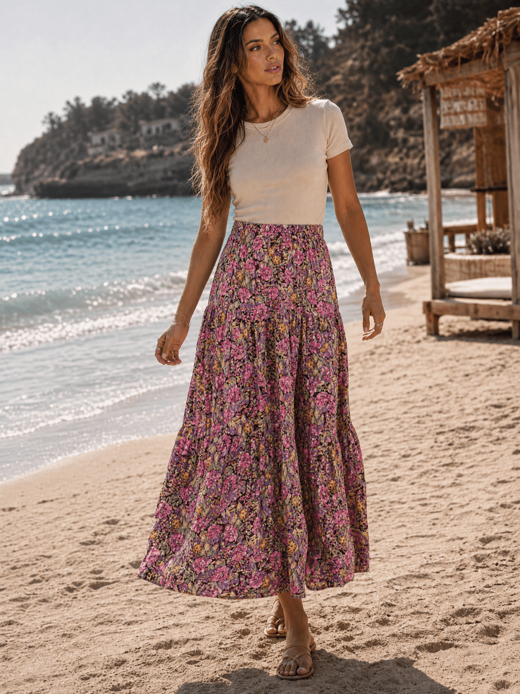 WOMEN'S ELASTIC WAIST TIERED FLORAL MAXI SKIRT