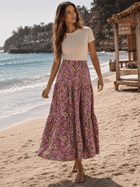 WOMEN'S ELASTIC WAIST TIERED FLORAL MAXI SKIRT