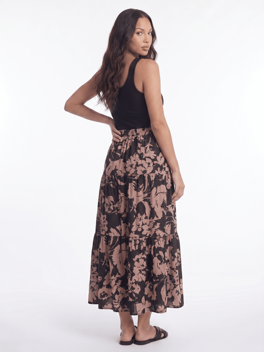 WOMEN'S ELASTIC WAIST TIERED FLORAL MAXI SKIRT