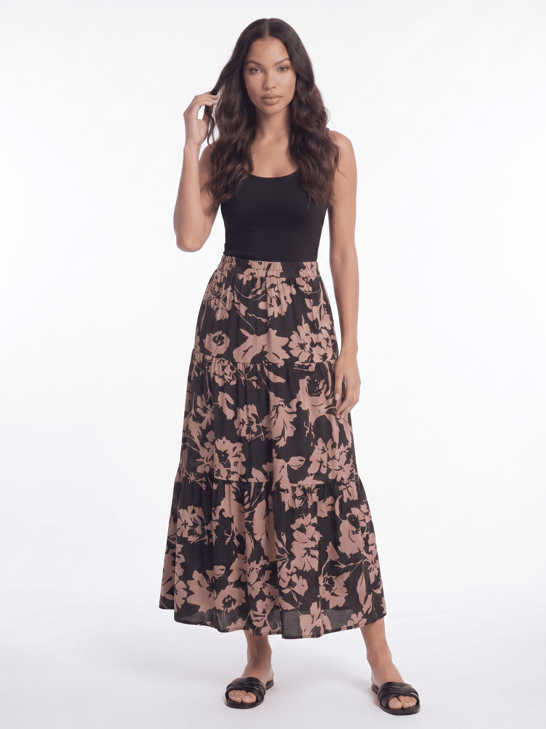 WOMEN'S ELASTIC WAIST TIERED FLORAL MAXI SKIRT