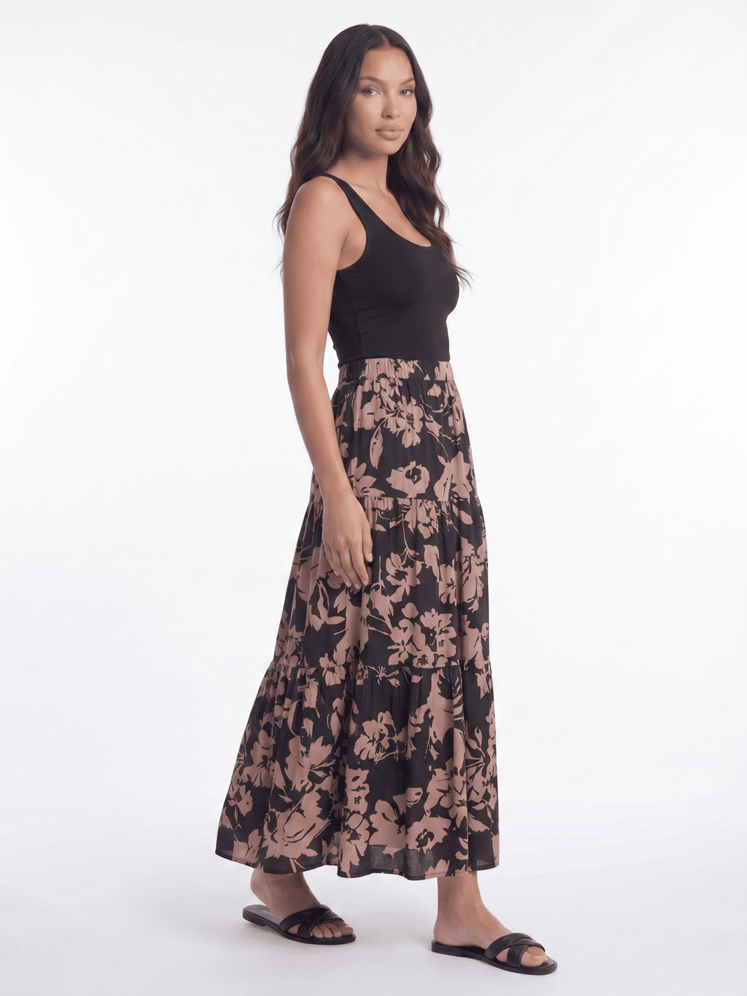 WOMEN'S ELASTIC WAIST TIERED FLORAL MAXI SKIRT