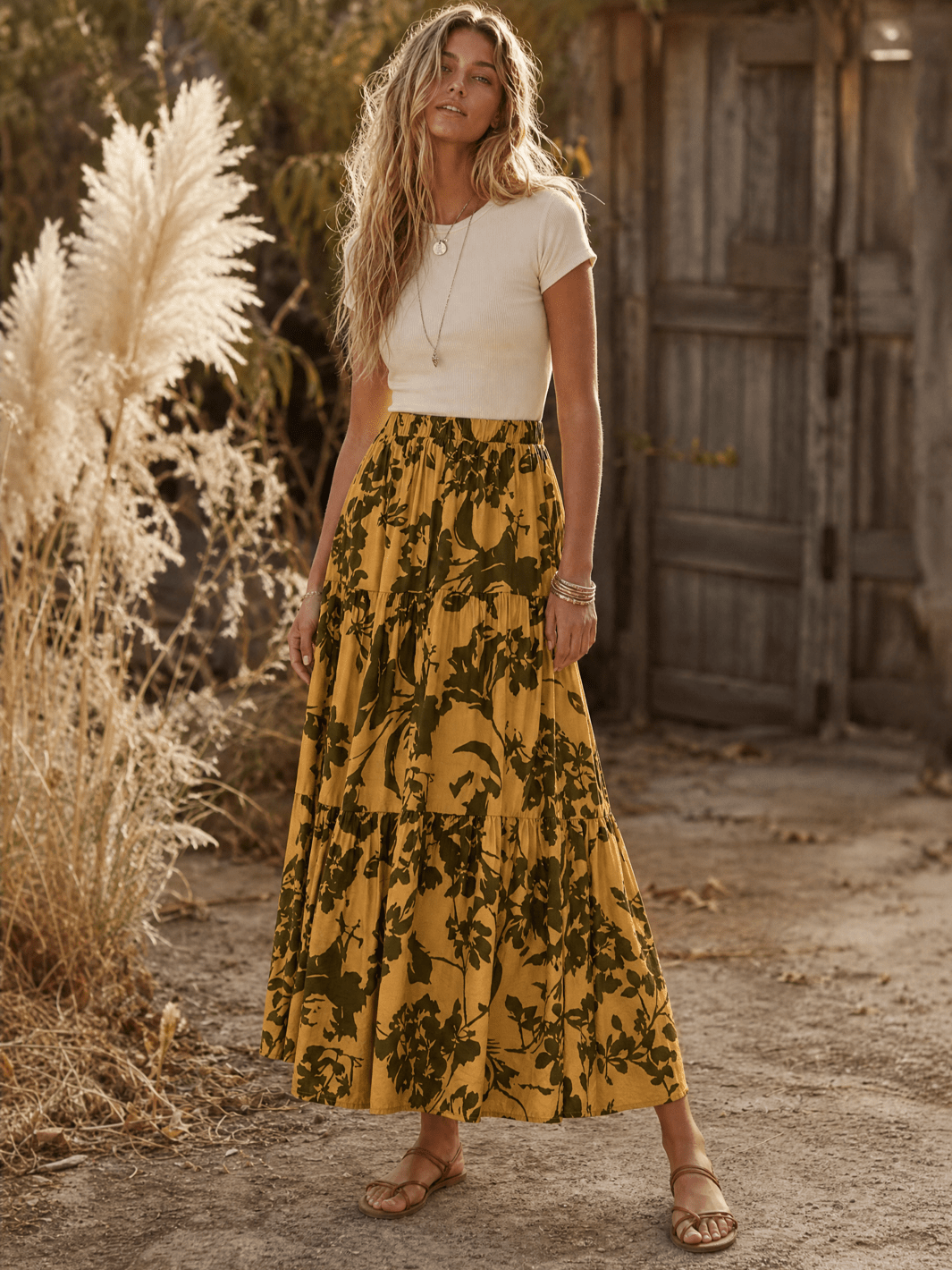 WOMEN'S ELASTIC WAIST TIERED FLORAL MAXI SKIRT