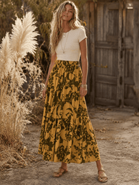 WOMEN'S ELASTIC WAIST TIERED FLORAL MAXI SKIRT