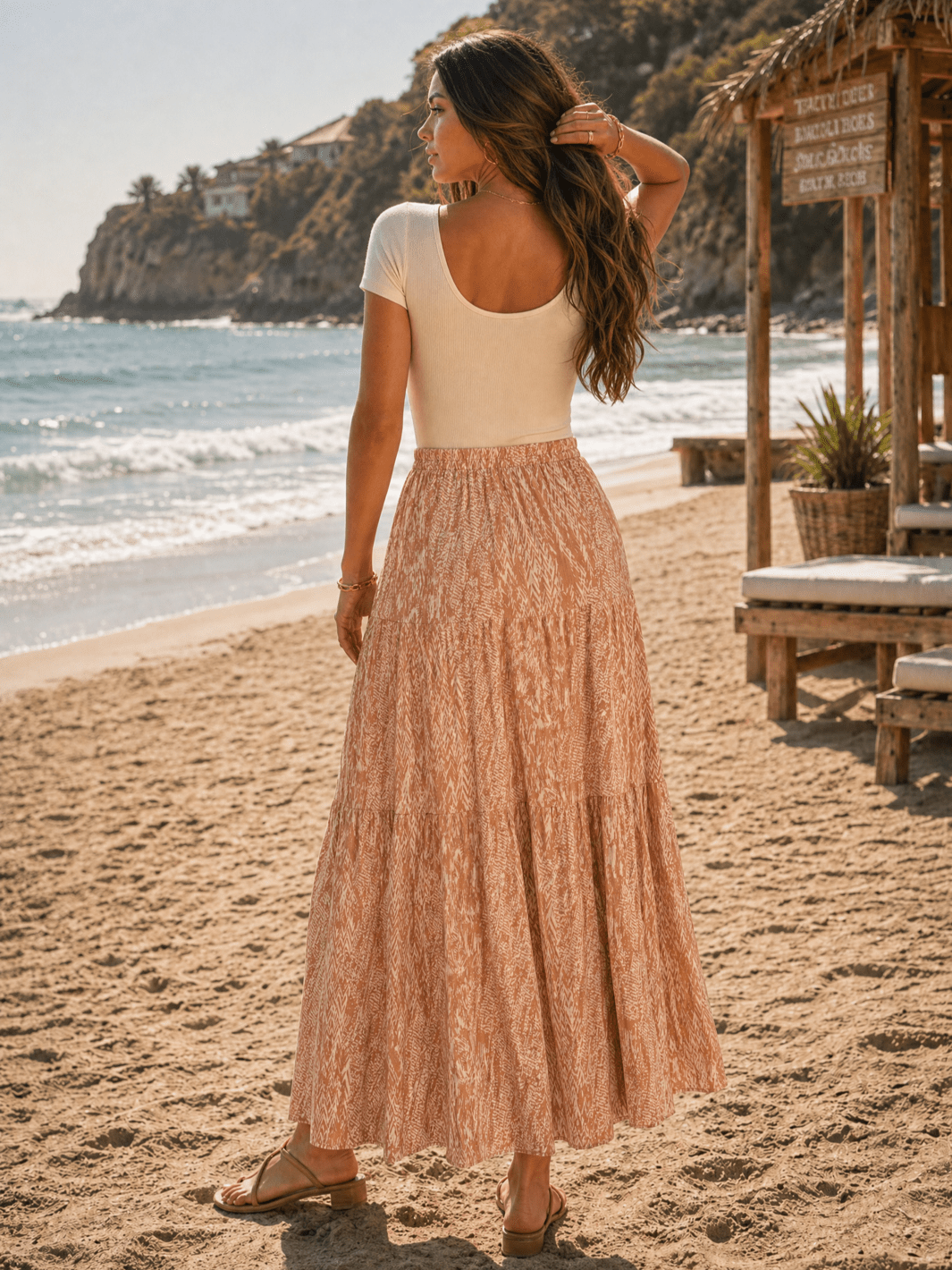 WOMEN'S ELASTIC WAIST TIERED MULTI PRINT MAXI SKIRT