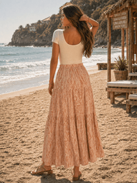 WOMEN'S ELASTIC WAIST TIERED MULTI PRINT MAXI SKIRT