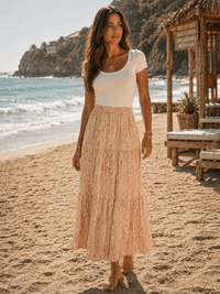 WOMEN'S ELASTIC WAIST TIERED MULTI PRINT MAXI SKIRT