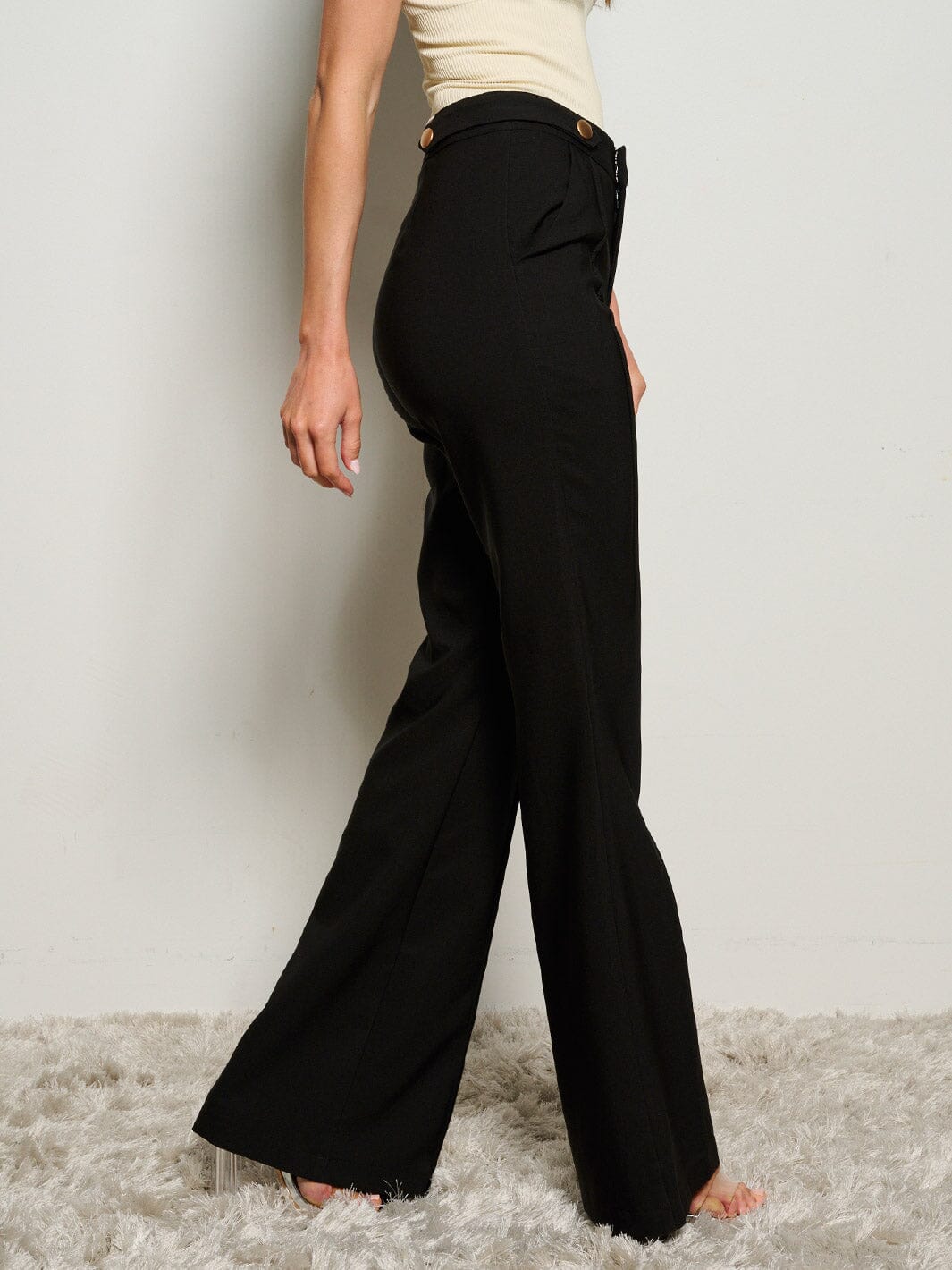WOMEN'S BUTTON CLOSURE POCKETS WIDE LEG PANTS