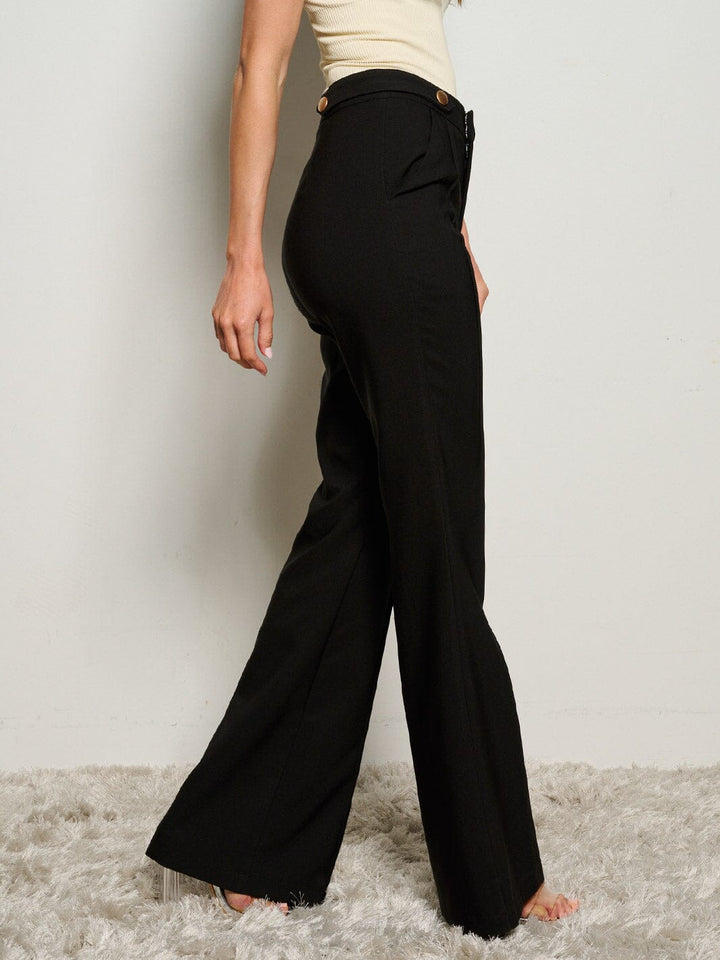 WOMEN'S BUTTON CLOSURE POCKETS WIDE LEG PANTS