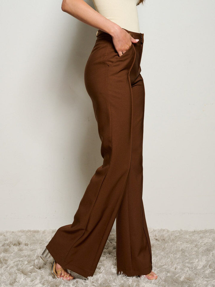 WOMEN'S BUTTON CLOSURE POCKETS WIDE LEG PANTS