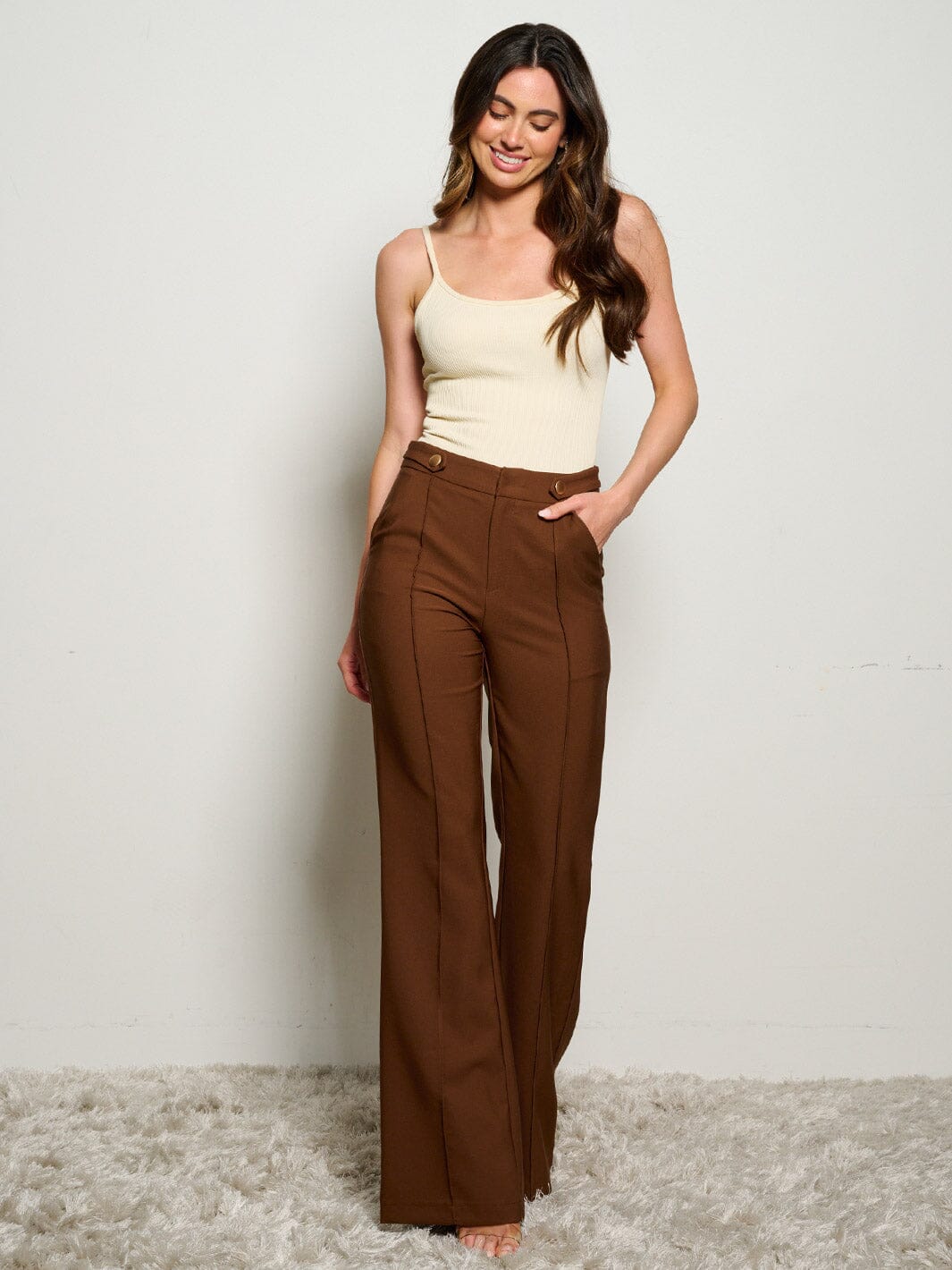 WOMEN'S BUTTON CLOSURE POCKETS WIDE LEG PANTS