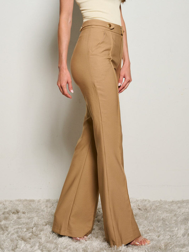 WOMEN'S BUTTON CLOSURE POCKETS WIDE LEG PANTS