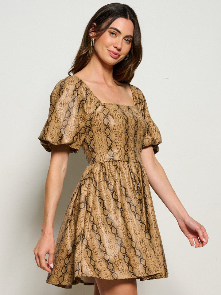 WOMEN'S SHORT PUFF SLEEVE SQUARE NECK POCKETS SNAKE PRINT MINI DRESS