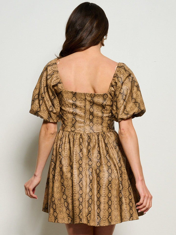 WOMEN'S SHORT PUFF SLEEVE SQUARE NECK POCKETS SNAKE PRINT MINI DRESS
