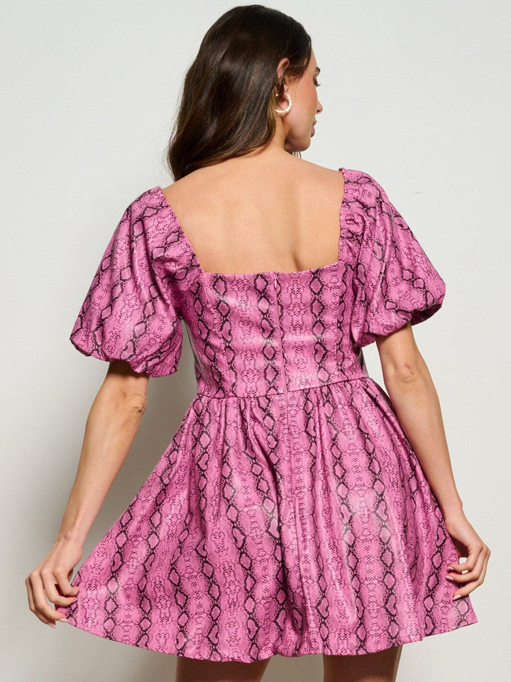 WOMEN'S SHORT PUFF SLEEVE SQUARE NECK POCKETS SNAKE PRINT MINI DRESS