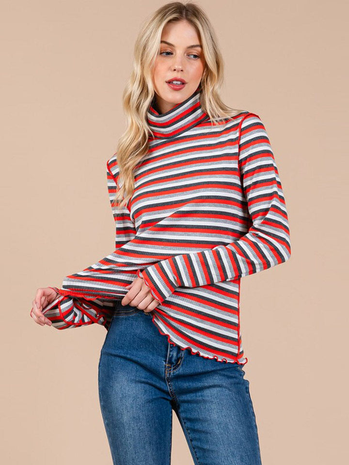 WOMEN'S LONG SLEEVE TURTLE NECK COLORBLOCK STRIPES TOP