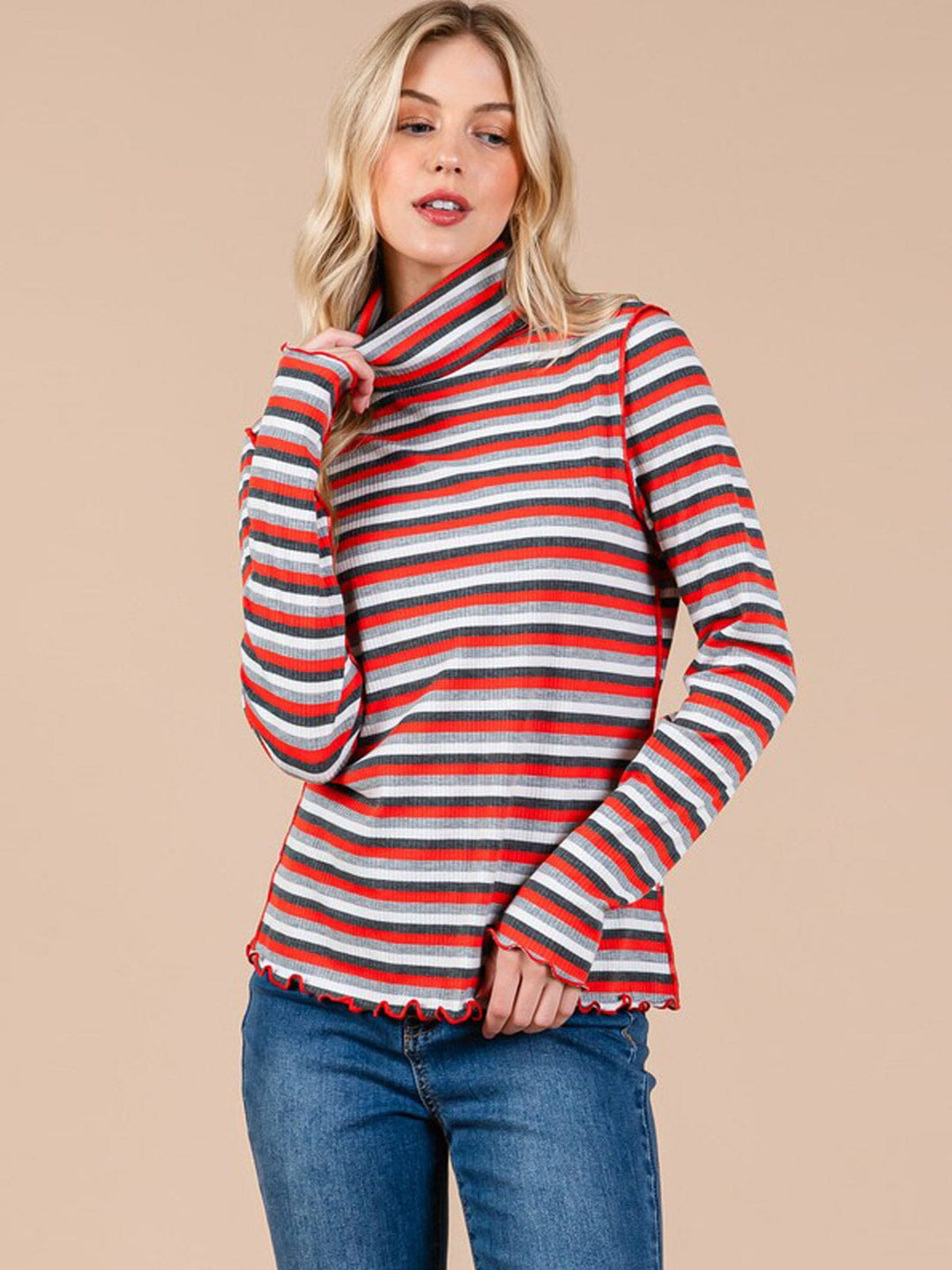 WOMEN'S LONG SLEEVE TURTLE NECK COLORBLOCK STRIPES TOP