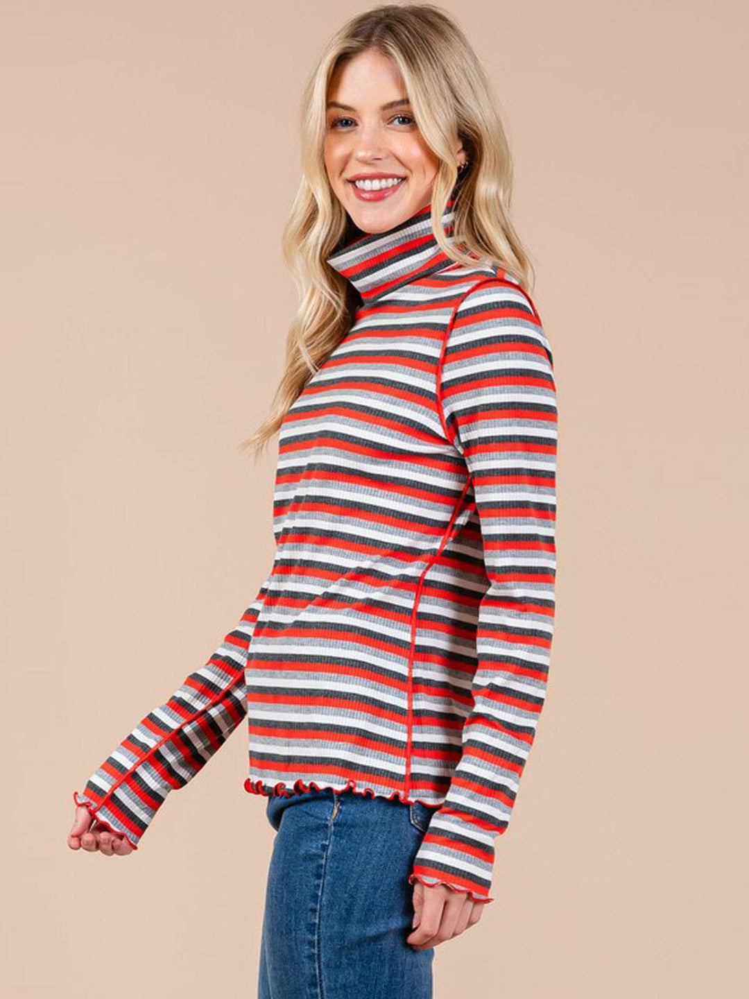 WOMEN'S LONG SLEEVE TURTLE NECK COLORBLOCK STRIPES TOP