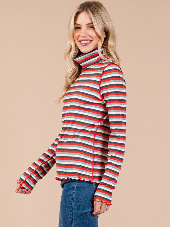 WOMEN'S LONG SLEEVE TURTLE NECK COLORBLOCK STRIPES TOP