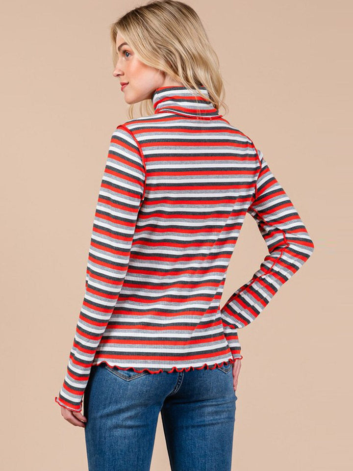WOMEN'S LONG SLEEVE TURTLE NECK COLORBLOCK STRIPES TOP