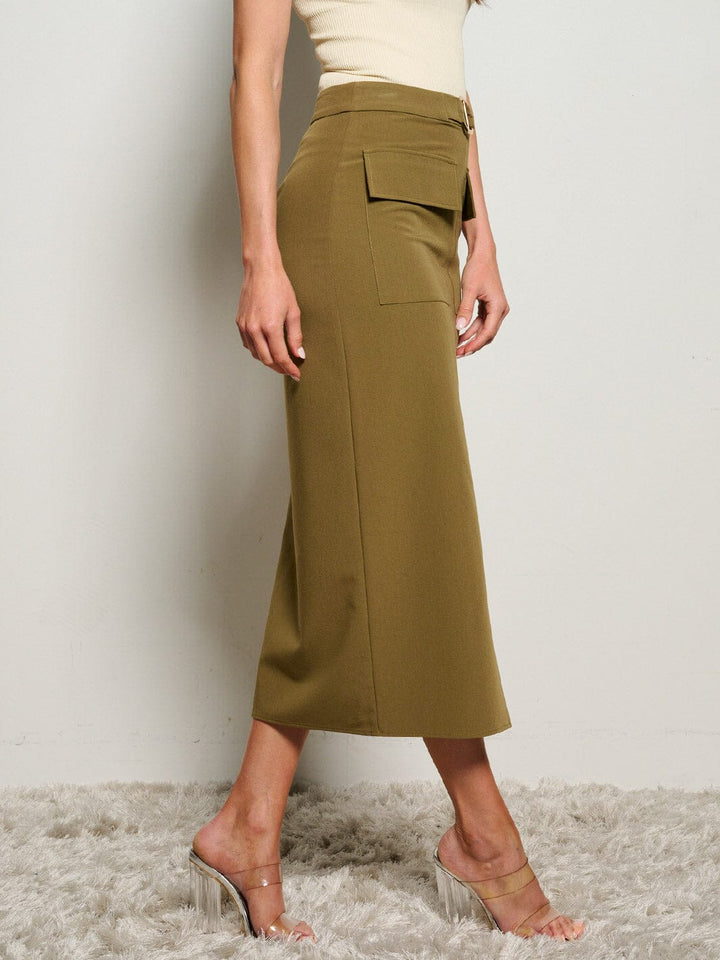 WOMEN'S ZIP UP FRONT POCKETS SLIT MAXI SKIRT