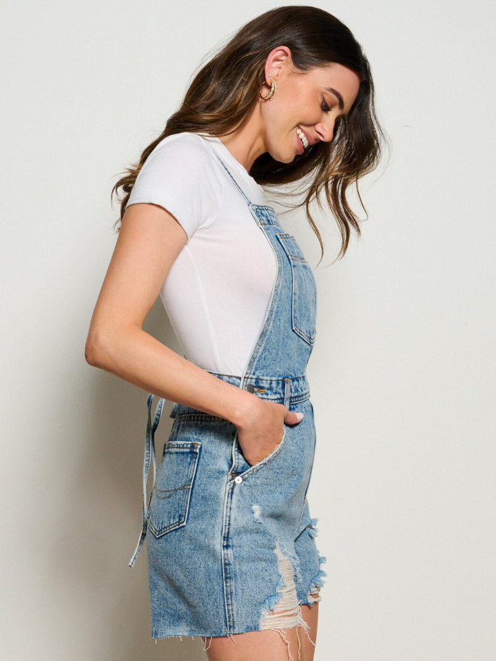 WOMEN'S BUTTON CLOSURE POCKETS DISTRESS DENIM OVERALL
