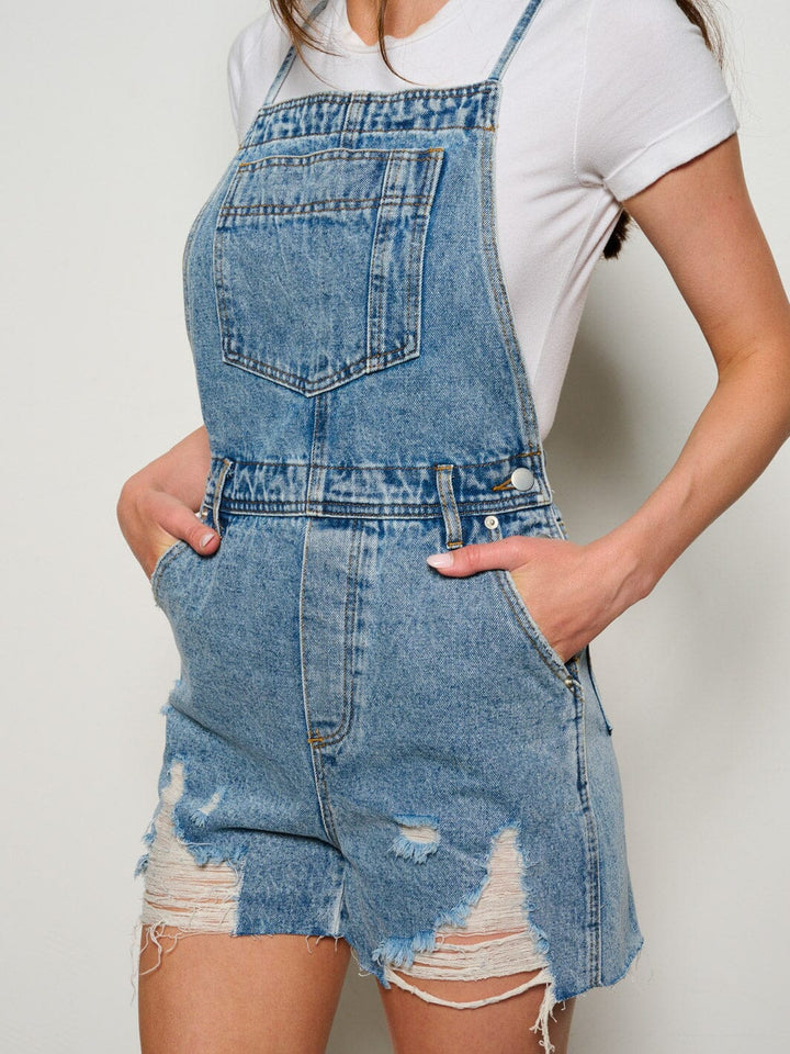 WOMEN'S BUTTON CLOSURE POCKETS DISTRESS DENIM OVERALL
