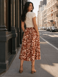 WOMEN'S ELASTIC WAIST FRONT POCKETS FLORAL MIDI SKIRT