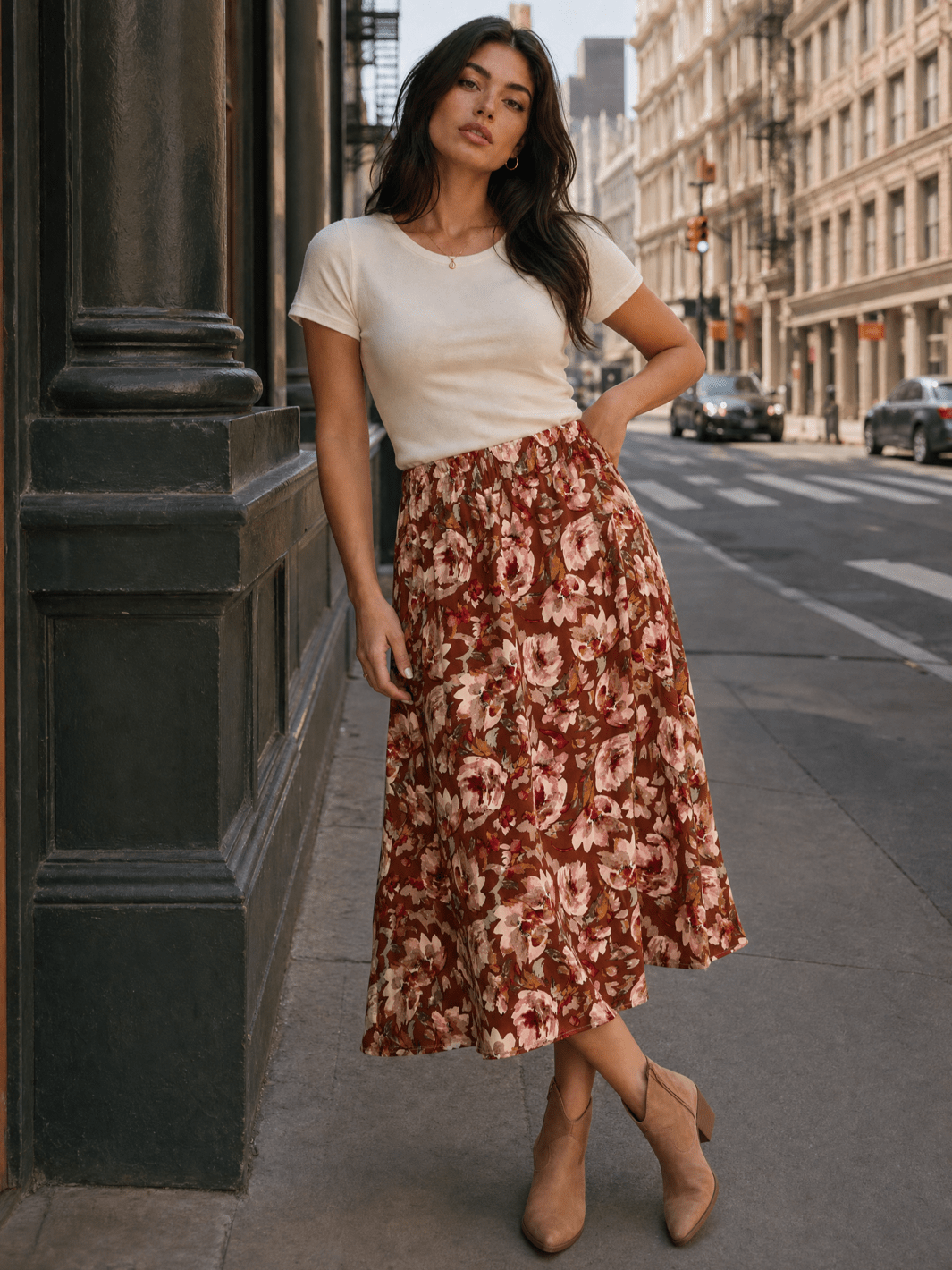 WOMEN'S ELASTIC WAIST FRONT POCKETS FLORAL MIDI SKIRT