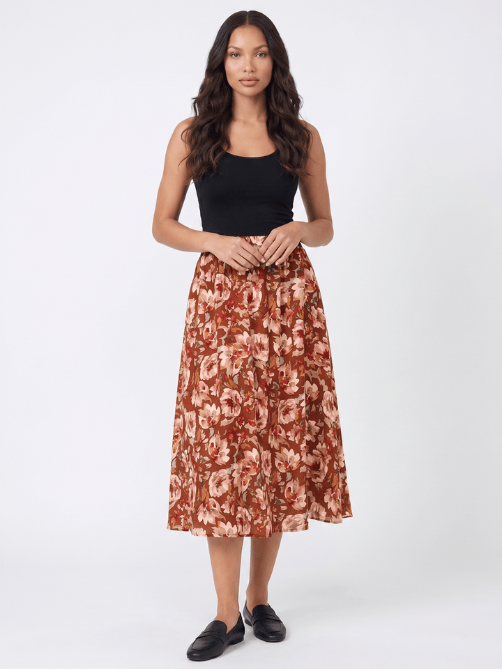 WOMEN'S ELASTIC WAIST FRONT POCKETS FLORAL MIDI SKIRT