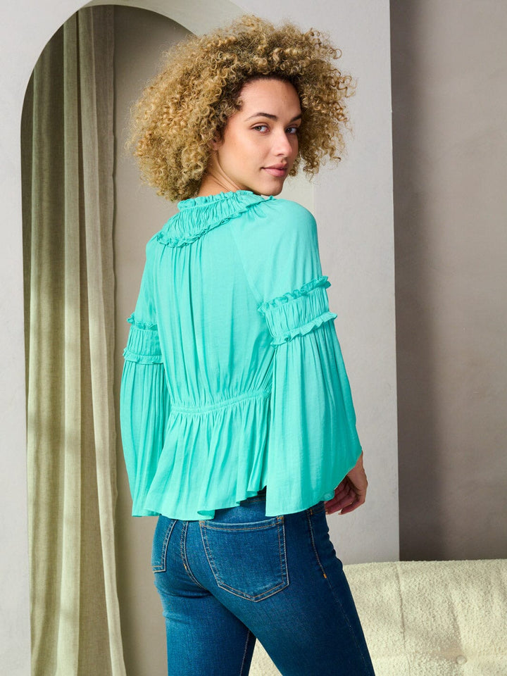 WOMEN'S 3/4 SLEEVE V-NECK RUFFLE PEPLUM BLOUSE