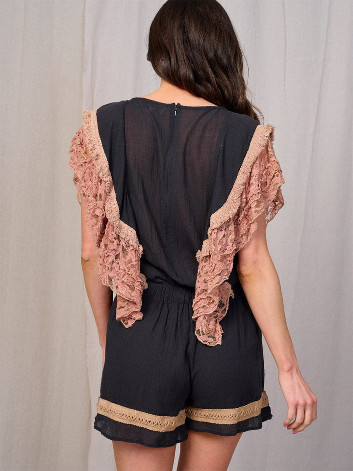 WOMEN'S SHORT SLEEVE SELF TIE LACE EMBROIDERY ROMPER