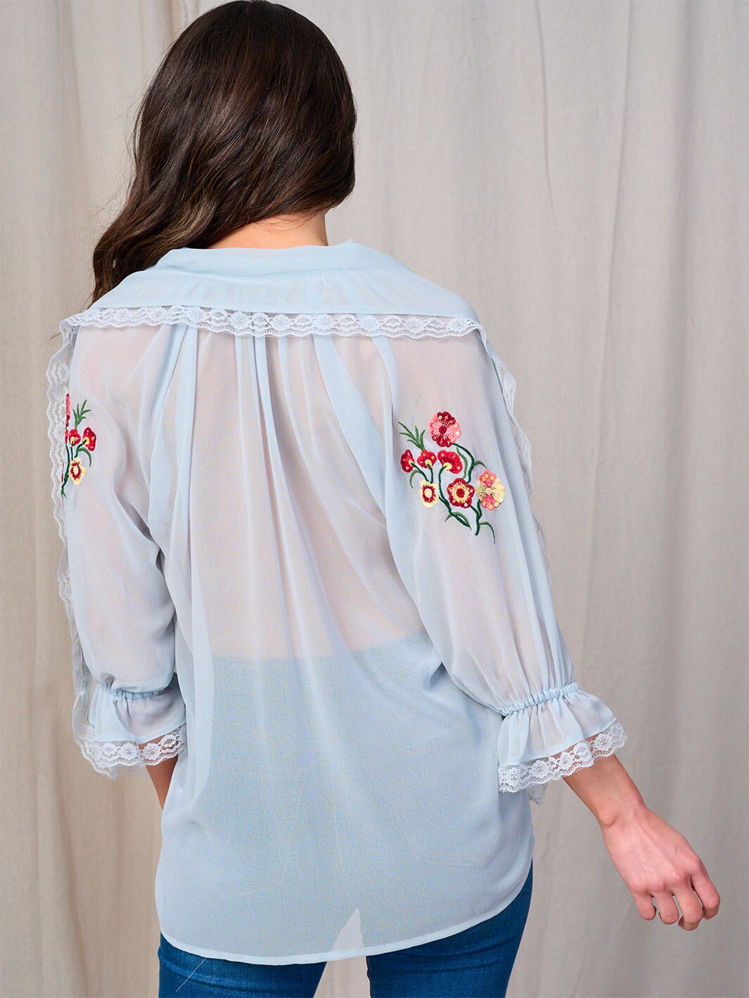 WOMEN'S LONG SLEEVE BUTTON UP SCARF EMBROIDERY FLORAL BLOUSE