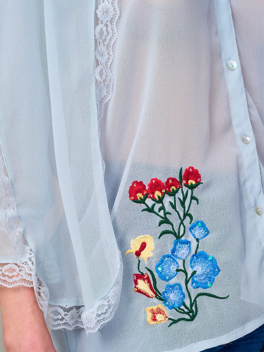 WOMEN'S LONG SLEEVE BUTTON UP SCARF EMBROIDERY FLORAL BLOUSE