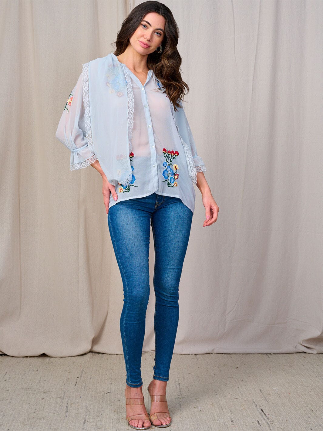 WOMEN'S LONG SLEEVE BUTTON UP SCARF EMBROIDERY FLORAL BLOUSE