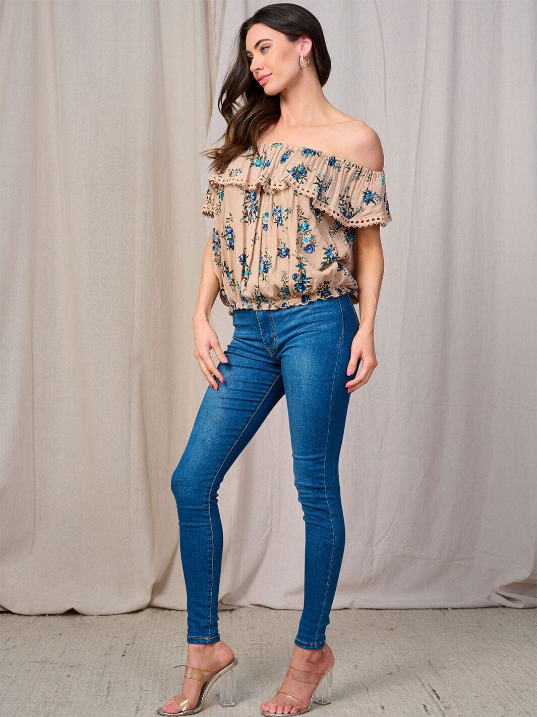 WOMEN'S OFF SHOULDER RUFFLE FLORAL TOP